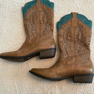 Brown Leather Western Boots with Teal Accents